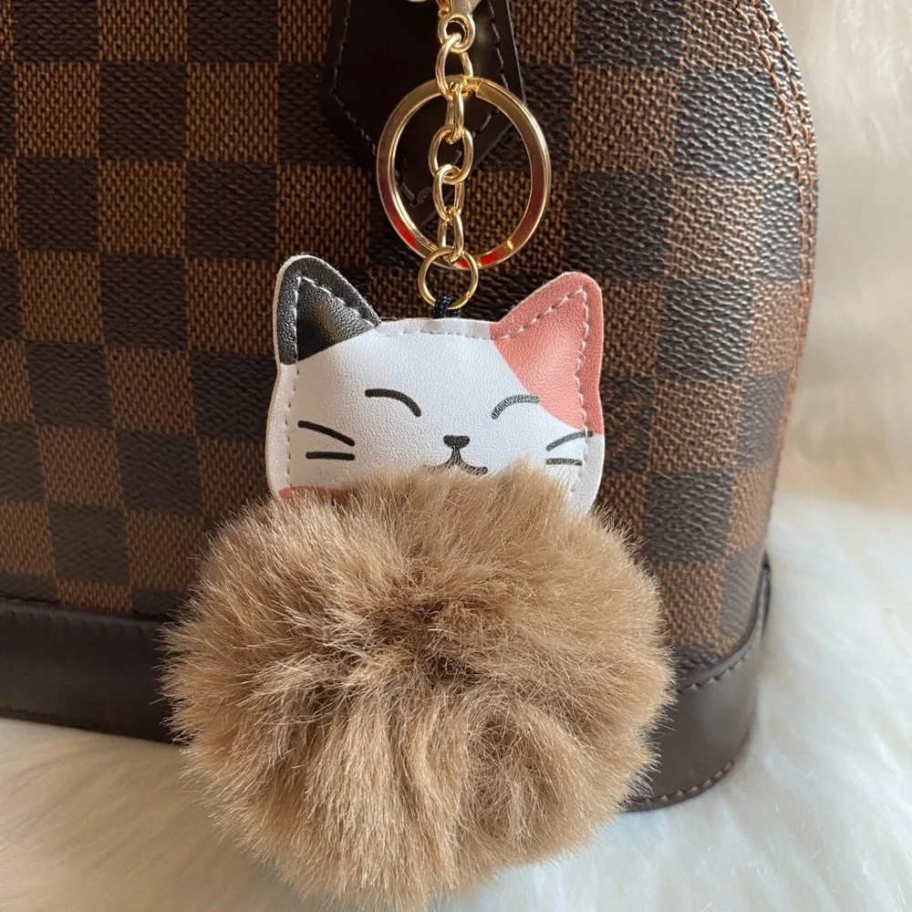 Calico cat bag charm Keychain Pom Pom